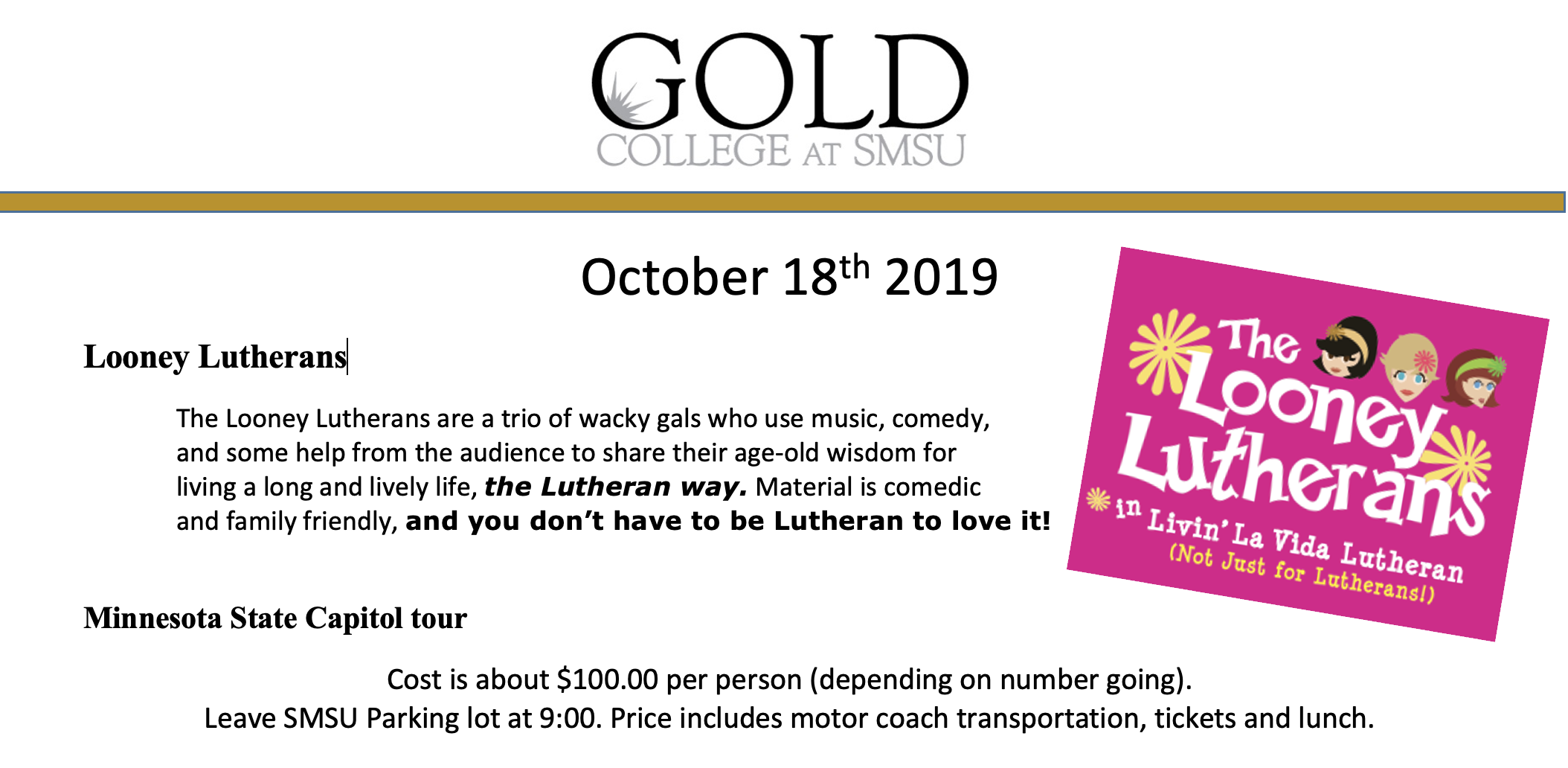 GOLD College Field Trip- Fall 2019 to St. Paul, MN